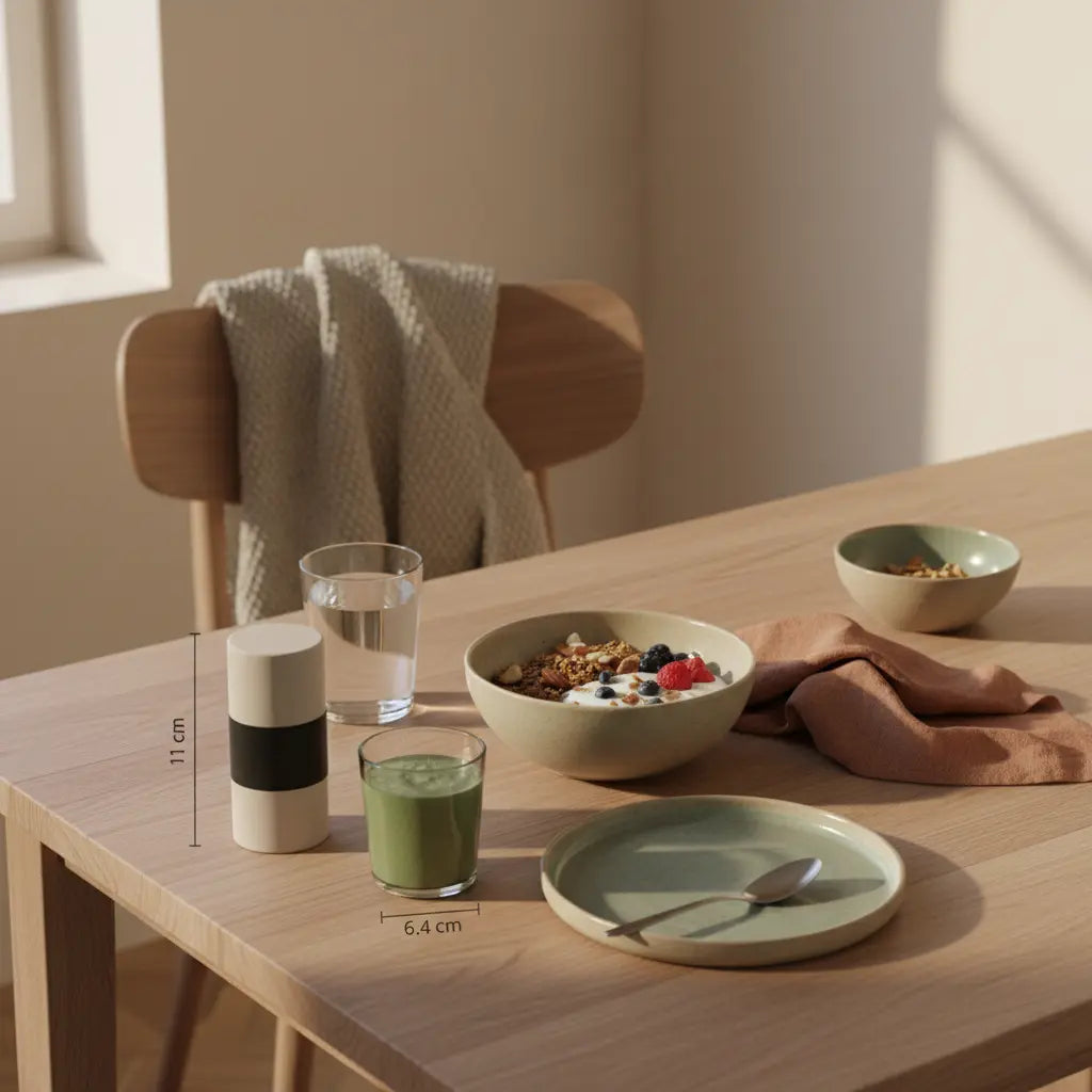 Minimalistisches Frühstück mit Granola, pflanzlichem Joghurt, Nüssen und Shake auf nachhaltigem Holztisch in sanftem Morgenlicht — veganes protein im Fokus.