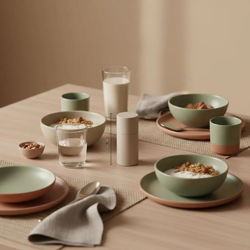 Minimalistisches Frühstück mit Granola, pflanzlichem Joghurt, Nüssen, Shake und Glas Wasser auf nachhaltigem Holztisch – veganes Protein Produkt dezent platziert.