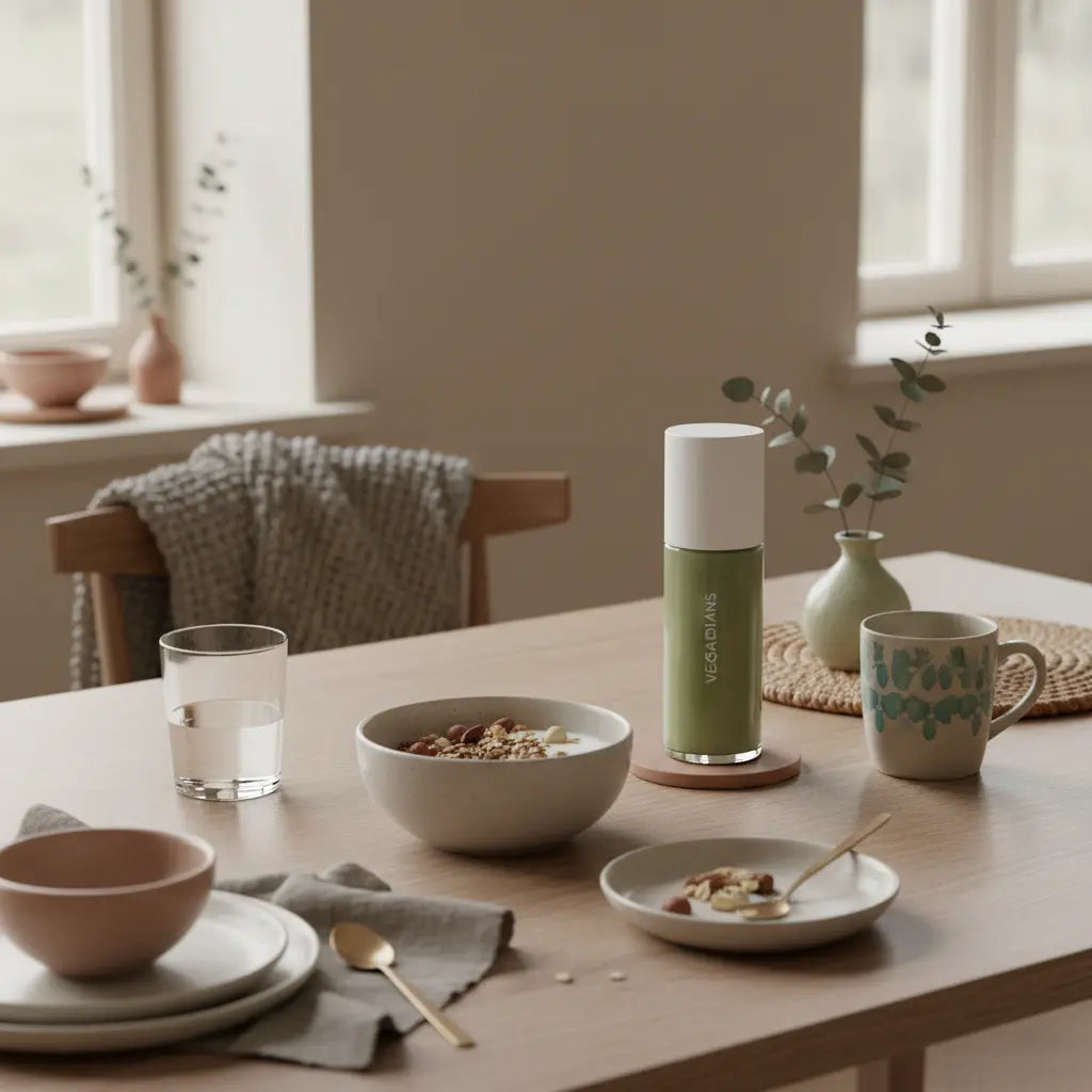 Minimalistisches Frühstück in europäischer Küche mit veganem Protein für Muskelaufbau: Granola, Joghurt, Nüsse und ein Shake auf nachhaltigem Tisch – veganes Protein Muskelaufbau.