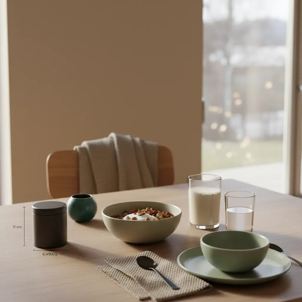 veganes tagesmenü: minimalistisches Frühstück mit Granola, veganem Joghurt, Nüssen und Shake auf nachhaltig gedecktem Tisch im sanften Morgenlicht