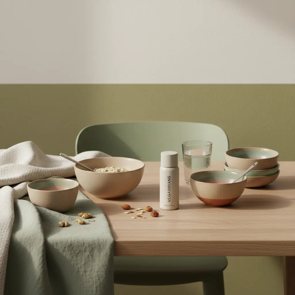 Veganer Frühstückstisch mit Vegardians-Proteinshake als abnehmmittel, Hafer, Nüsse und Glas Wasser in warmer, minimalistischer Morgenstimmung