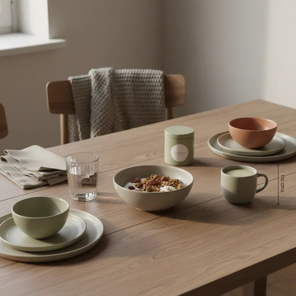 Vegetarier Sixpack: Minimalistisches Frühstück mit Granola, Joghurt, Nüssen und Shake auf nachhaltigem Tisch in europäischer Küche bei Morgenlicht.