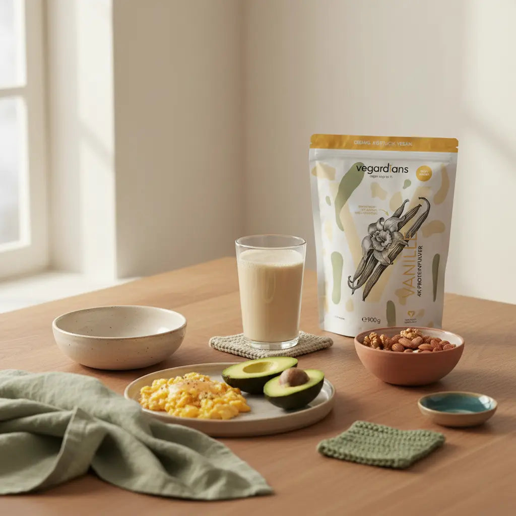 Minimalistische europäische Küchenaufnahme mit vegetarischer ketogener Ernährung: Rührei, Avocado, Nüsse und Proteinshake auf nachhaltigem Holztisch im sanften Morgenlicht.