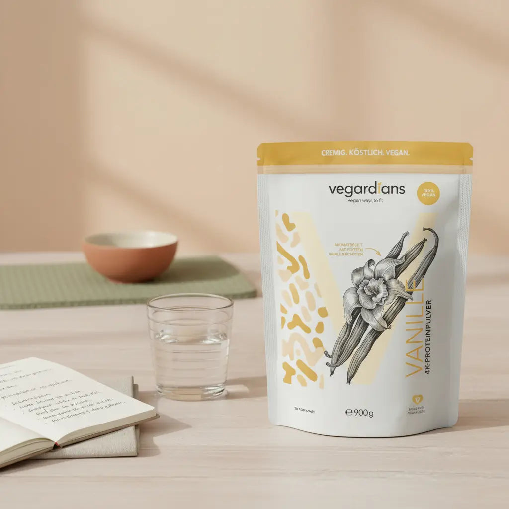 Vibrationsplatte Wirkung: Minimalistische Studioaufnahme einer Vibrationsplatte auf Holz, mit Wasserglas, Handtuch und offenem Trainingsheft im sanften Morgenlicht