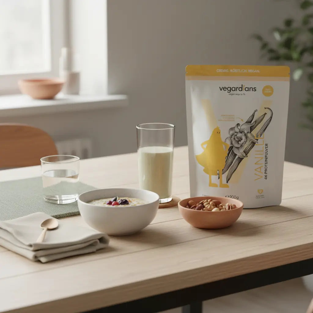 Morgenszene mit proteinreichem Porridge, pflanzlichem Shake und Glas Wasser auf nachhaltigem Holztisch – viszerales Fett abbauen