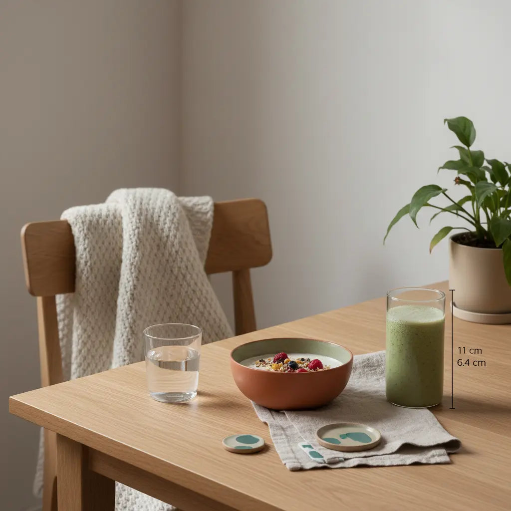 Minimalistisches Frühstück in heller europäischer Küche mit veganem Granola, Joghurt, Nüssen und Shake auf nachhaltigem Tisch — vitalstoffreiche Vollwertkost in ruhiger Morgenstimmung.