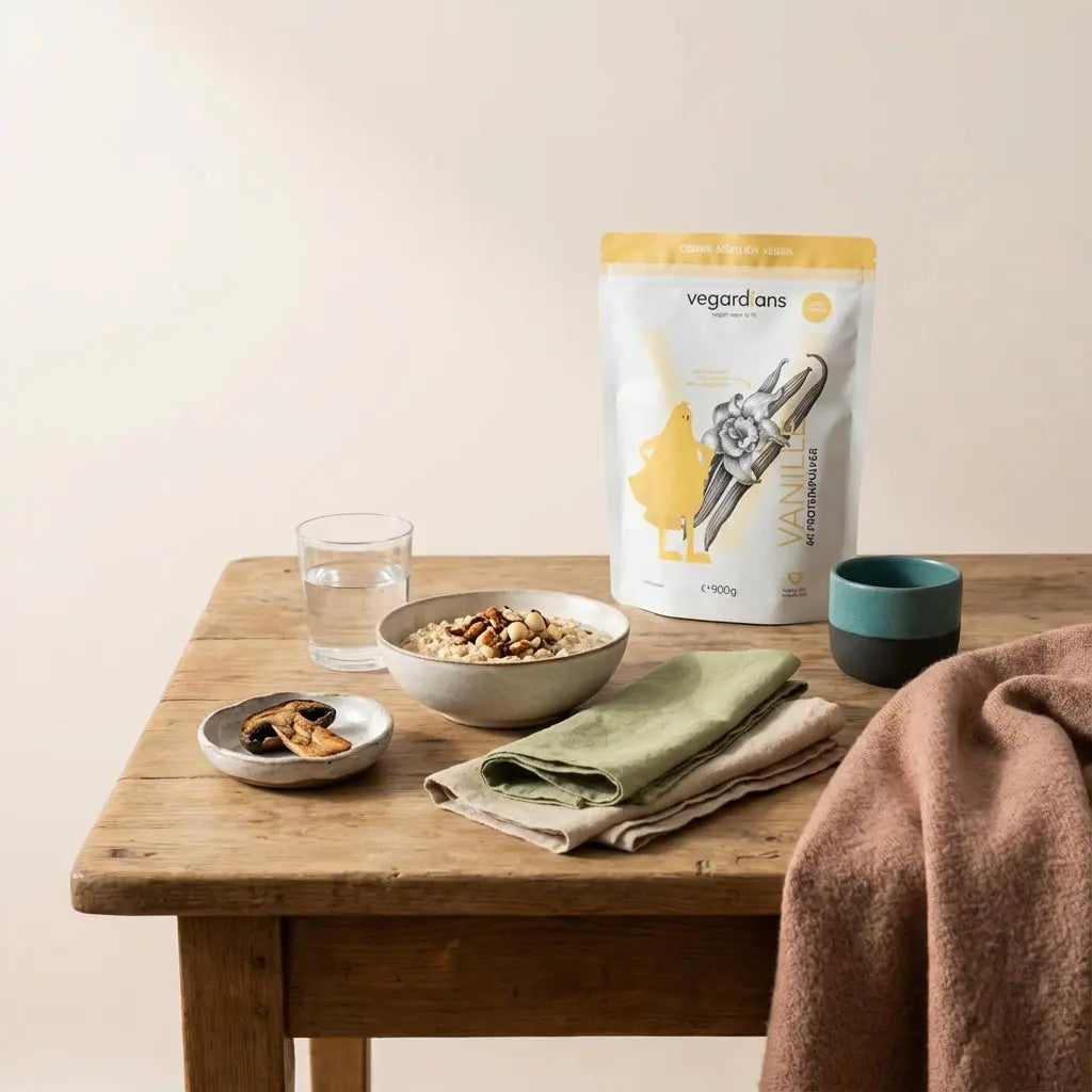 Minimalistische Morgen-Küchenszene mit Holztisch, Glas Wasser, Overnight-Oats und Keramikschale mit Pilzfilet; vegane, nährende Komposition für Vitamin D abnehmen.