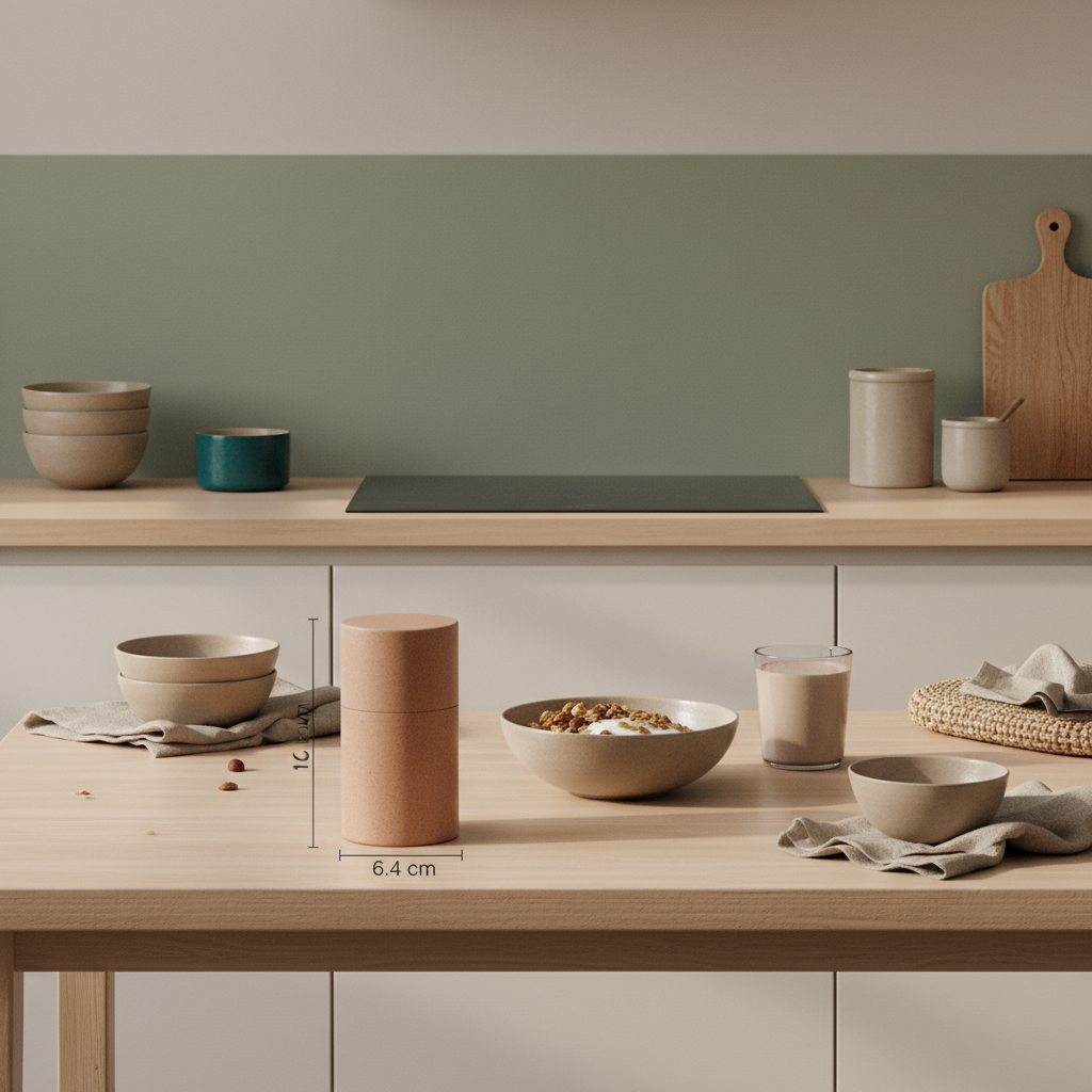 Minimalistisches Frühstück in europäischer Küche mit veganem Müsli, Joghurt, Nüssen und Shake in Keramik, Woll- und Leinentexturen, erdige Farben – Vitamin D und Winterdepression