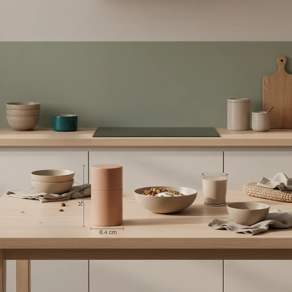 Minimalistisches Frühstück in europäischer Küche mit veganem Müsli, Joghurt, Nüssen und Shake in Keramik, Woll- und Leinentexturen, erdige Farben – Vitamin D und Winterdepression