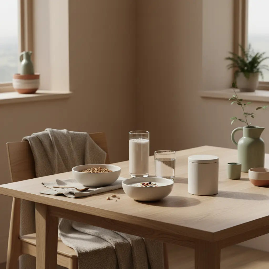 Minimalistisches veganes vollkost-Frühstück mit Granola, pflanzlichem Joghurt, Nüssen und einem neutralen Shake auf nachhaltigem Esstisch in sanftem Morgenlicht.