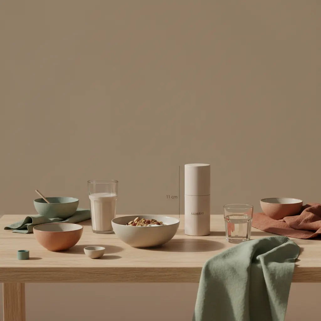 Minimalistisches Frühstück in europäischer Küche mit nachhaltig gedecktem Tisch, Granola, Joghurt, Nüssen, Shake und Produkt aus Referenzfotos – vollwertig essen