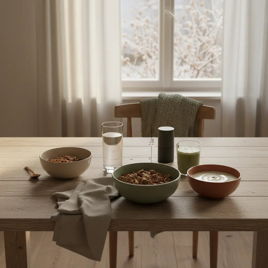 Minimalistischer Frühstückstisch mit Granola, Joghurt, Nüssen und Shake auf nachhaltigem Geschirr, gemütliche Wintertexturen – vollwertige Mahlzeit in ruhiger Vegardians-Ästhetik.