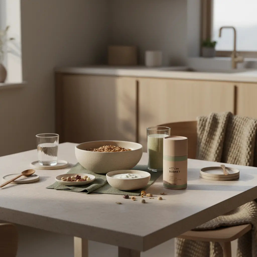 Minimalistisches Frühstück in einer europäischen Küche mit Granola, pflanzlichem Joghurt, Nüssen und Shake – nachhaltiges Setting, ideal für vollwertige pflanzliche Ernährung abnehmen.