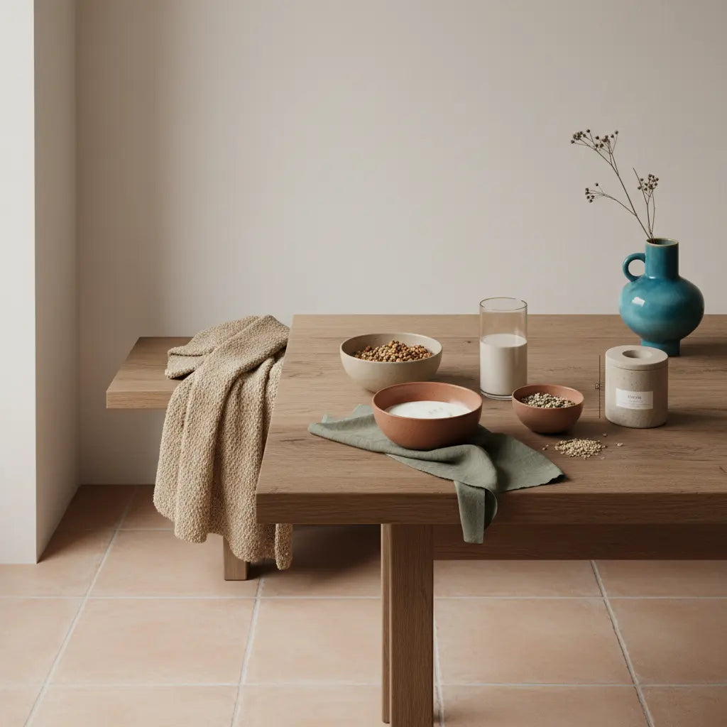 Minimalistisches Frühstück mit Granola, Joghurt, Nüssen und Shake auf nachhaltigem Tisch im warmen Morgenlicht – vollwertige pflanzliche Lebensmittel