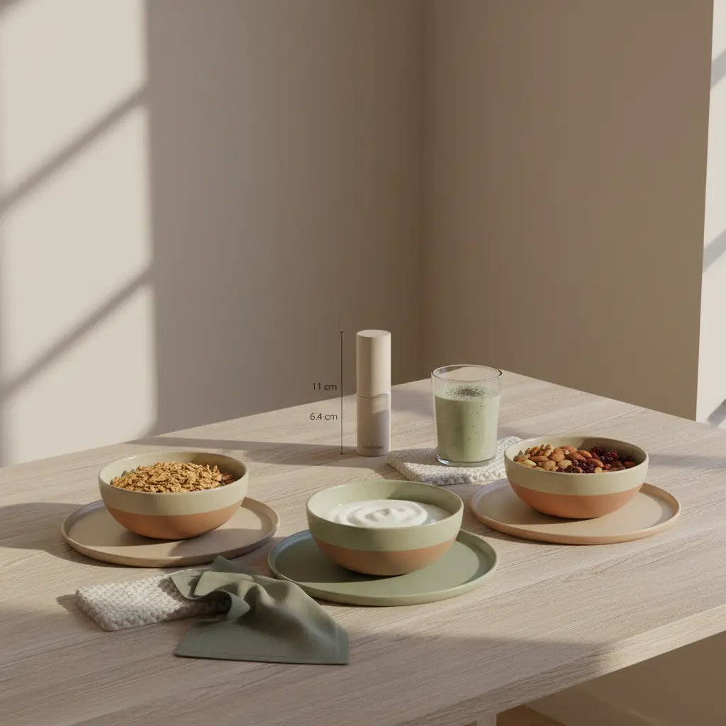 Minimalistischer Morgentisch mit Keramikschalen, Granola, pflanzenbasiertem Joghurt, Nüssen und Shake – veganes Vollwertkost-Frühstück in ruhiger, erdiger Farbwelt.