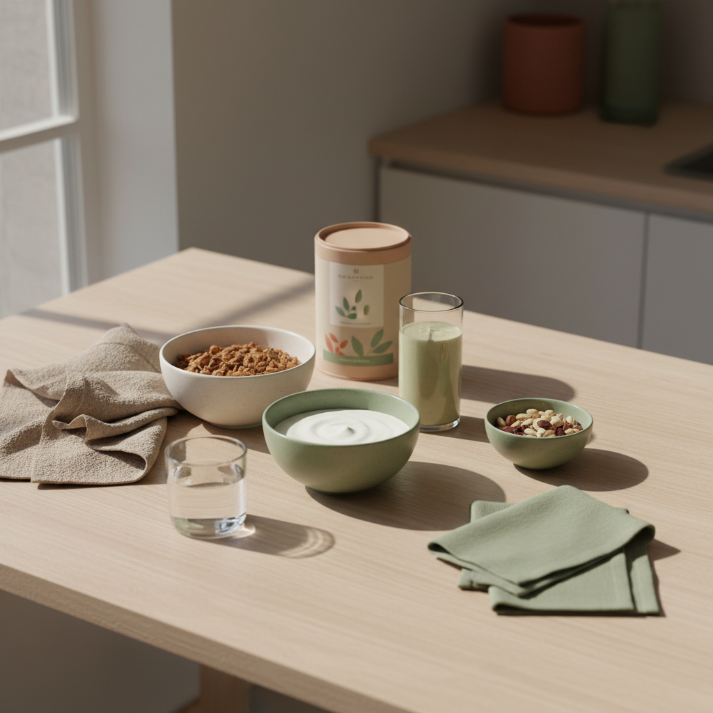 Minimalistisches Frühstück mit Granola, pflanzlichem Joghurt, Nüssen und Shake auf nachhaltigem Holztisch in Erdtönen, ruhige Morgenstimmung — Vollwertkost Unverträglichkeiten