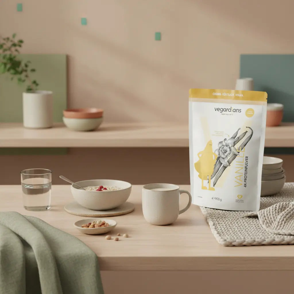 Vorm Sport essen: minimalistisches Frühstück in einer europäischen Küche mit Haferbrei, pflanzlichem Protein-Shake, Glas Wasser und einer Schale Nüsse