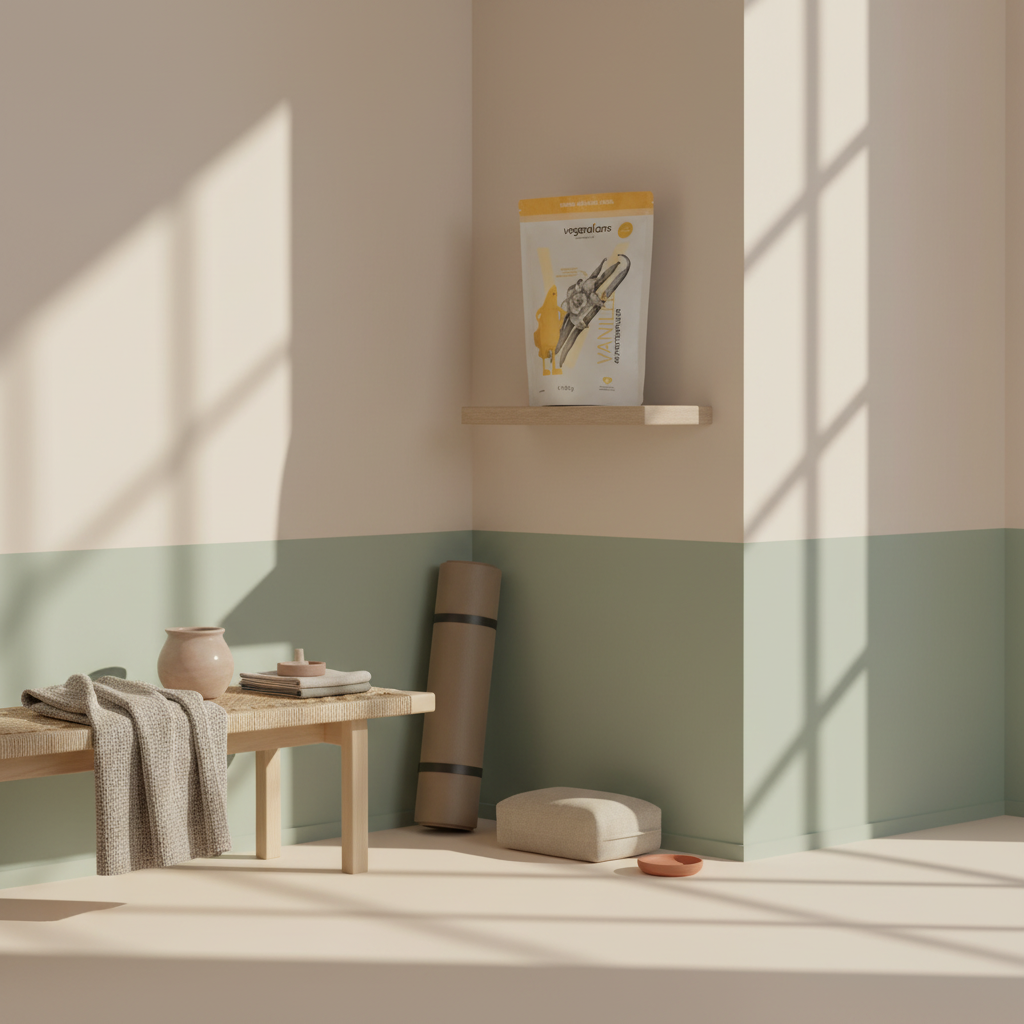 Wand-Pilates Ecke im sonnendurchfluteten Wohnraum mit aufrechter Yogamatte, Handtuch und kleinem Kissen, minimalistisches vegardians-Design in salbei- und terrakotta-Akzenten