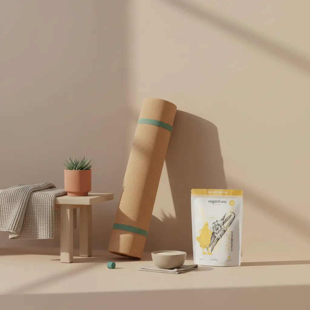 Minimalistische Yogaecke an heller Wand mit Yogamatte, kleiner Pflanze und Protein‑Shake – ruhige Szene geeignet für Wandübungen