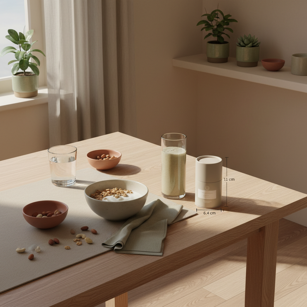 Wann sollte man Omega-3 nicht nehmen: minimalistisches Morgenfrühstück in europäischer Küche mit Granola, Joghurt, Nüssen und Shake auf nachhaltigem Tisch.