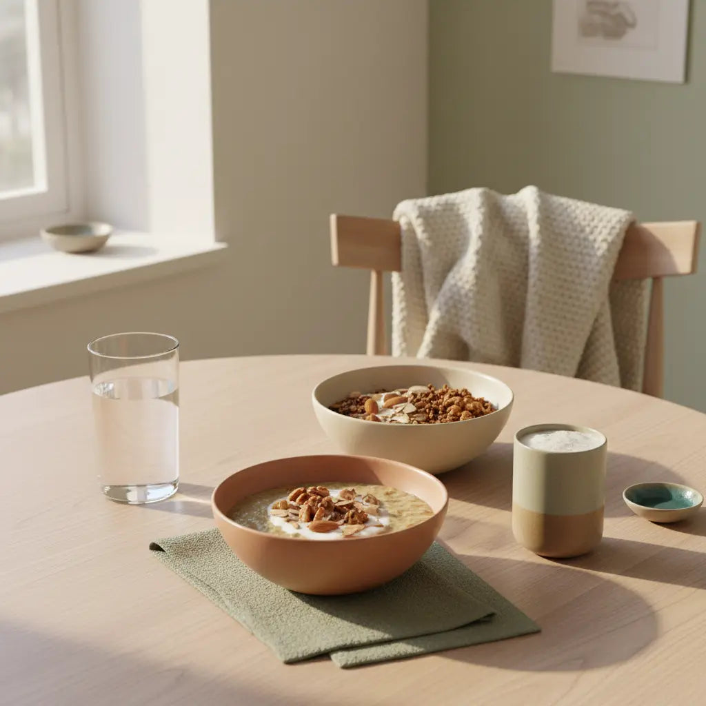 Nachhaltiges veganes Frühstück mit Porridge, Granola, Nüssen und Shake auf einem minimalistisch gedeckten Tisch – wärmende Lebensmittel im ruhigen Morgenlicht.