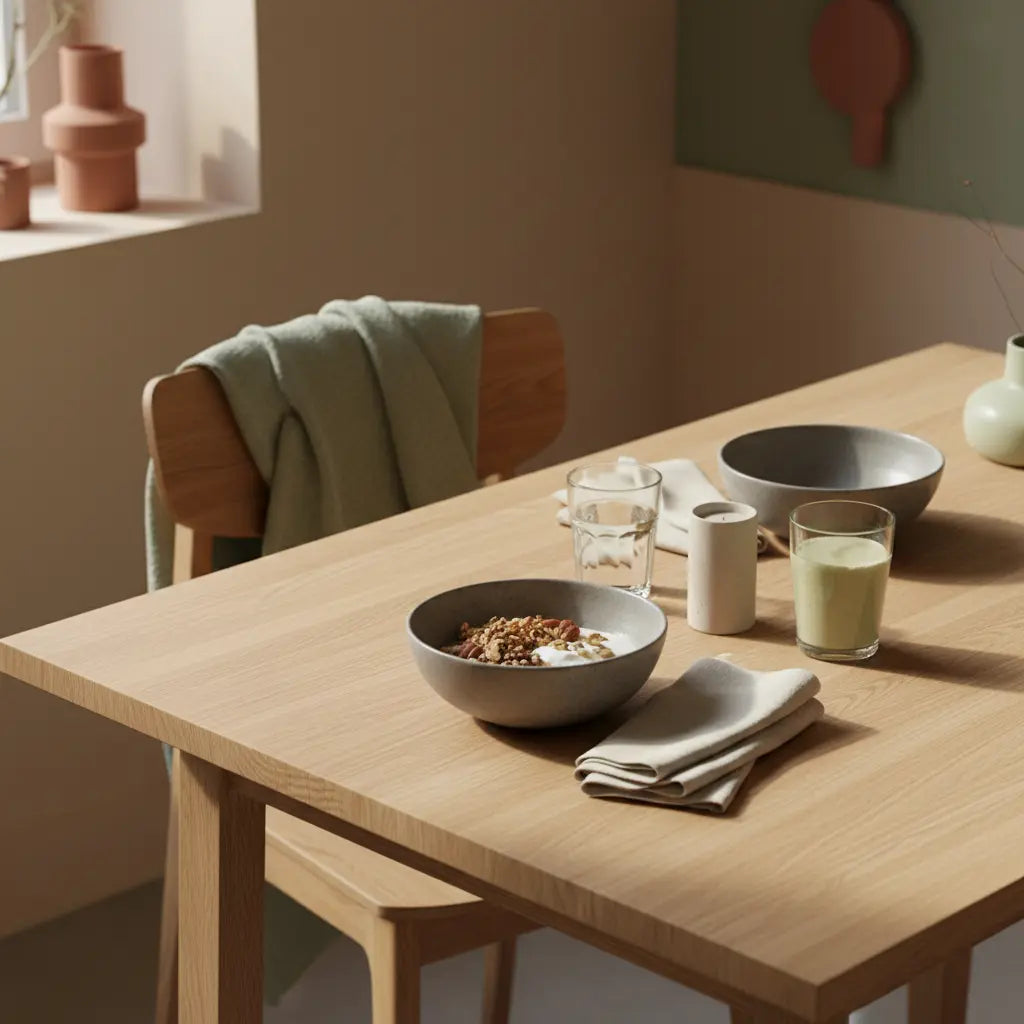 Warum bin ich im Winter so lustlos? Minimalistisch gedeckter Frühstückstisch in sanftem Morgenlicht mit veganem Granola, pflanzlichem Joghurt, Shake, Glas Wasser und Wolltexturen.