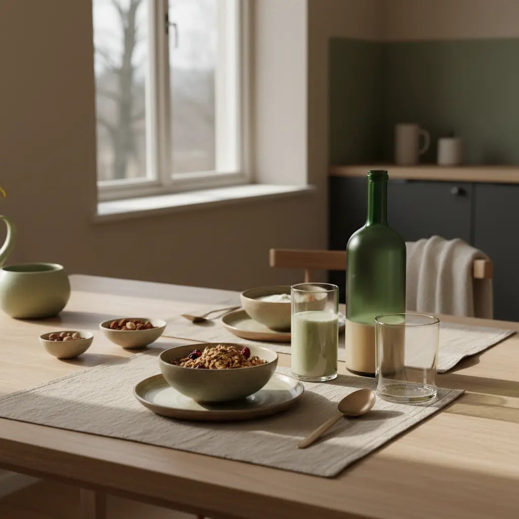 Warum keine Haferflocken bei Niereninsuffizienz? Minimalistisches veganes Frühstück: Granola mit Joghurt, Nüsse und Shake auf salbei-beigem, nachhaltigem Tisch mit Woll- und Leinenakzenten.