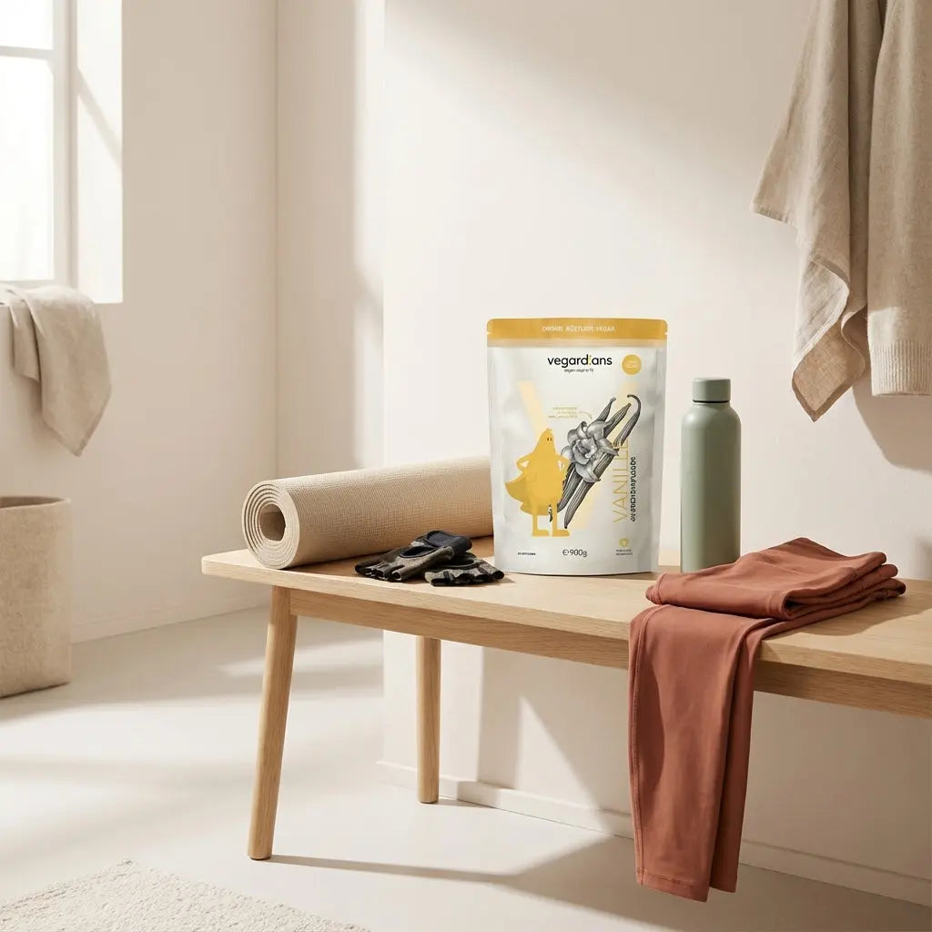 Minimalistische Gym-Szene: Yogamatte, Trainingshandschuhe, Trinkflasche und gefaltete Leggings auf Holzbank im Morgenlicht — was anziehen fitnessstudio frau