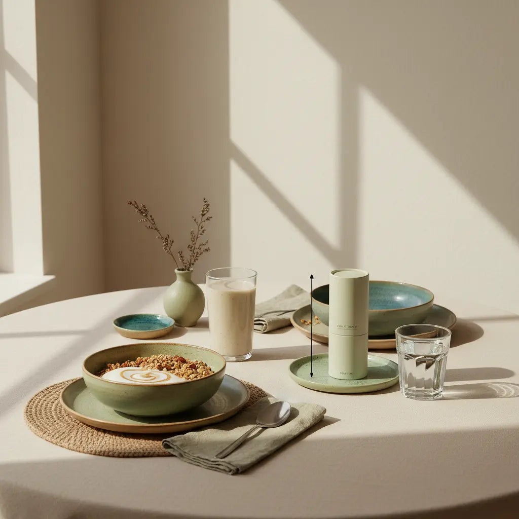 Minimalistisches Frühstück mit Granola, pflanzlichem Joghurt, Nüssen und Shake in einer europäischen Küche auf nachhaltigem Tisch — was darf ein veganer essen