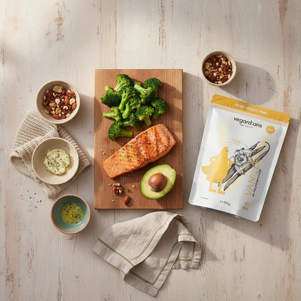 No‑Carb‑Gericht mit Lachs, Brokkoli, Avocado und Nüssen auf rustikalem Brett in europäischer Küche bei sanftem Morgenlicht — was darf ich essen bei No‑Carb