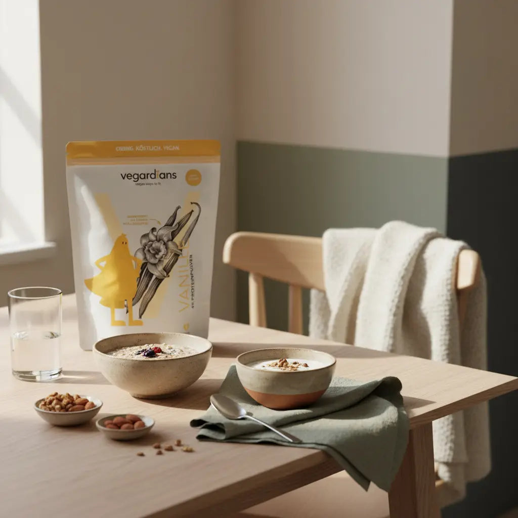 Sanfte Morgenaufnahme einer europäischen Küche mit herzfreundlichem, pflanzenbetontem Frühstück (Haferflocken, Joghurt‑Alternative, Nüsse, Glas Wasser) in ruhiger, erdiger Farbwelt – was darf man bei herzproblemen nicht essen?