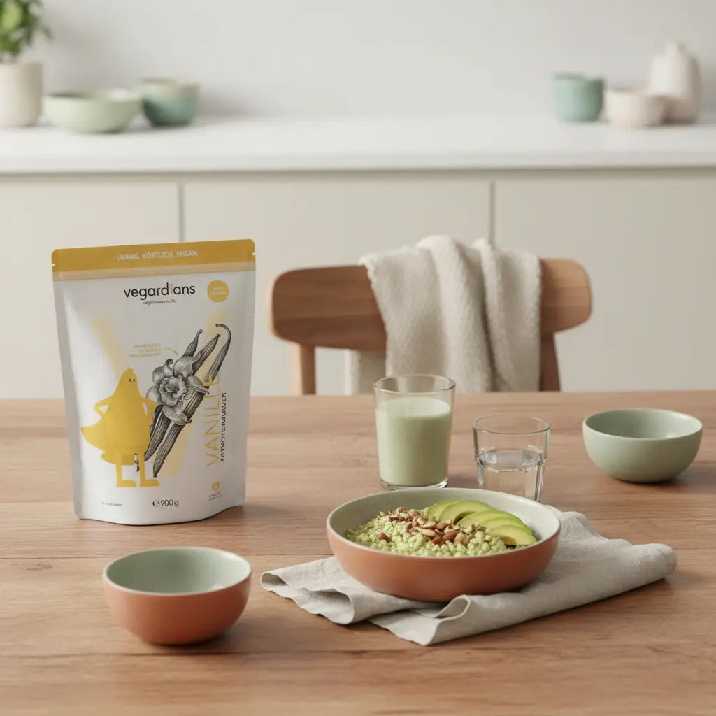 Was darf man bei Low Carb Ernährung nicht essen? Minimalistische Morgenaufnahme: Low‑Carb‑Blumenkohlreis‑Bowl mit Avocado, Nüssen und ungesüßtem Shake auf nachhaltigem Holztisch, Vegardians‑Ästhetik.