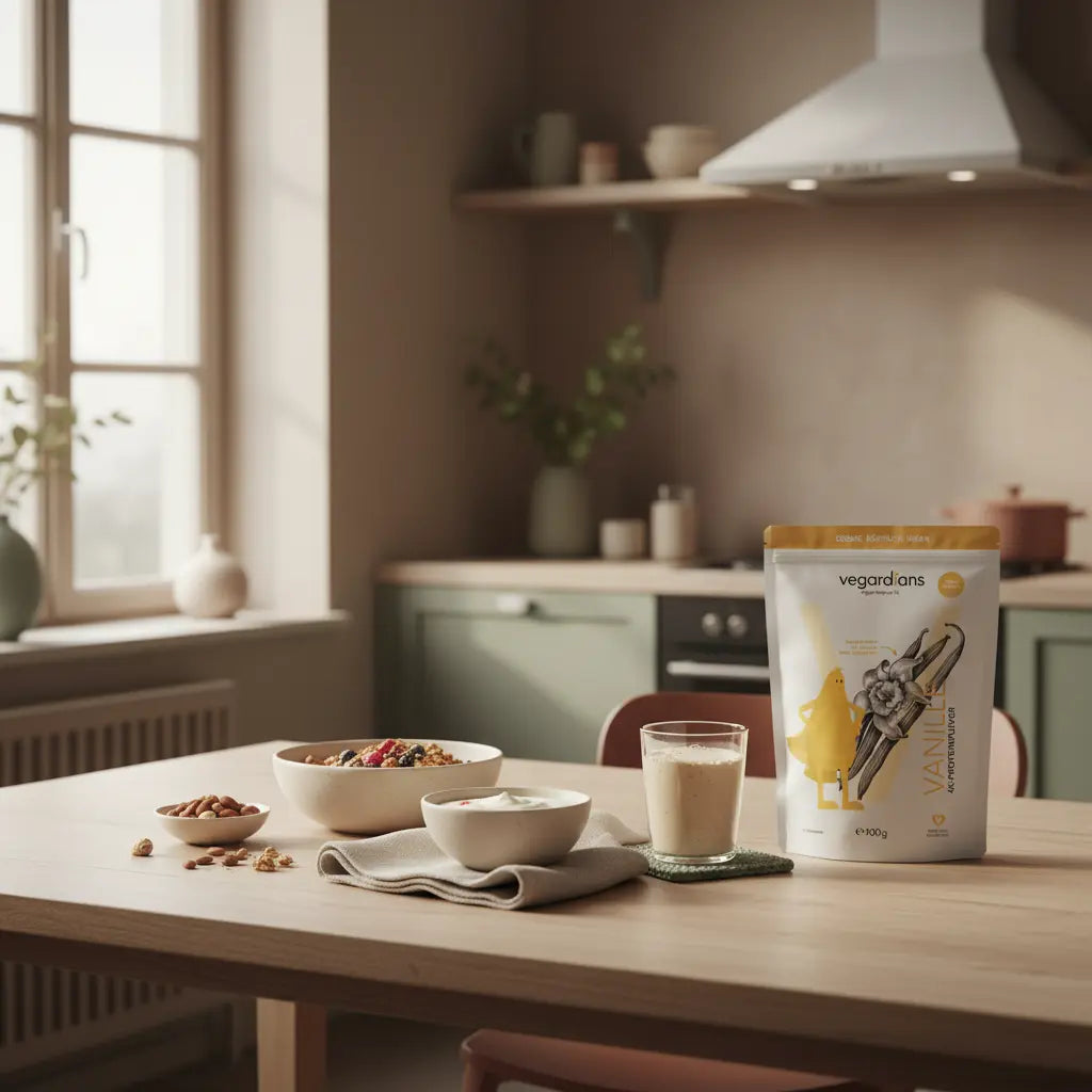 Minimalistische Morgenküche mit veganer Mahlzeit, Müsli, pflanzlichem Joghurt, Nüssen und Proteinshake auf Holztisch in erdigen Tönen – was darf man bei trennkost nicht essen