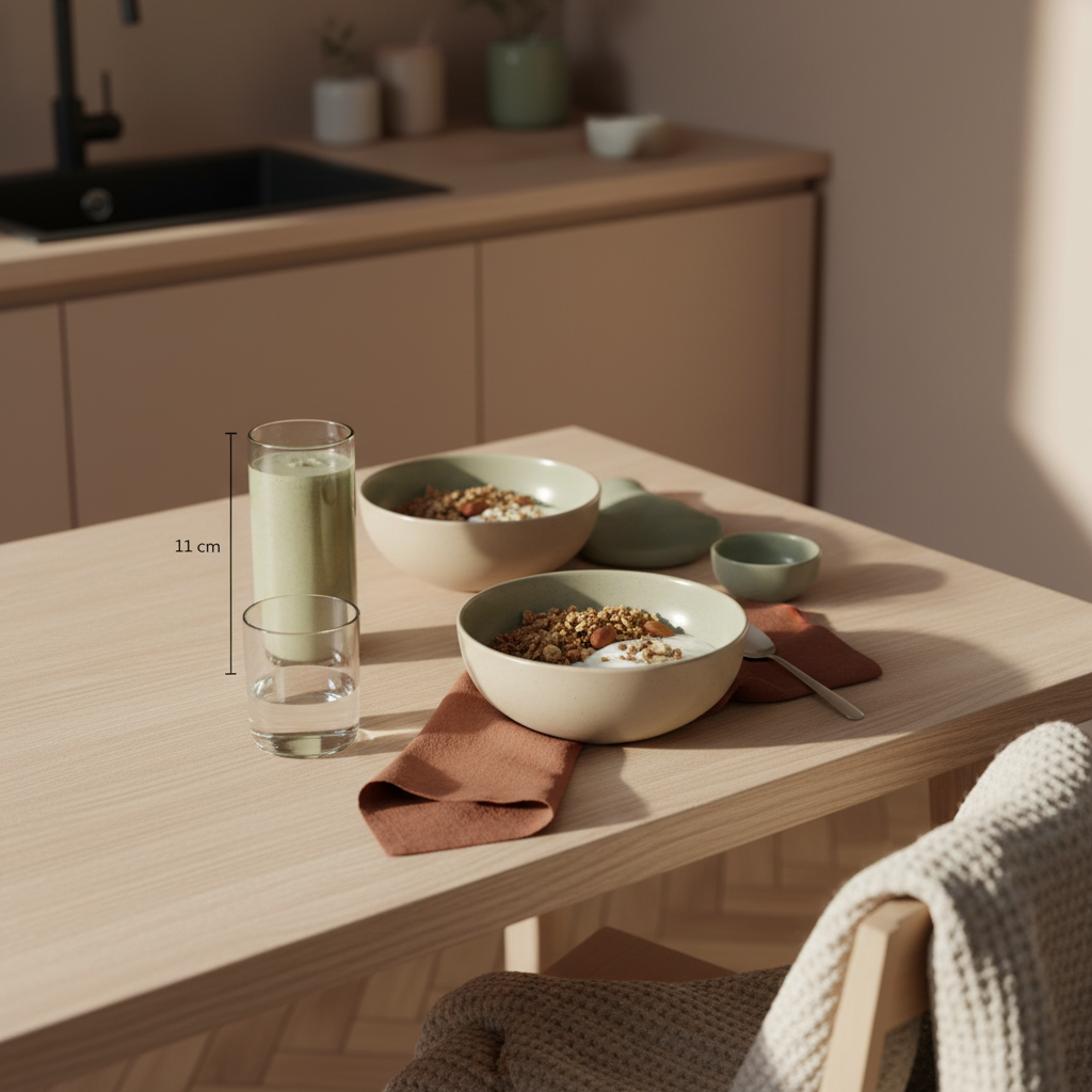 Veganer Frühstückstisch mit Granola, Joghurt, Nüssen, Shake und klarem Wasserglas in einer europäischen Küche bei weichem Morgenlicht; nachhaltiges, minimalistisches Setting mit Leinen- und Wolltexturen. Was darf man bei Vollwertkost essen