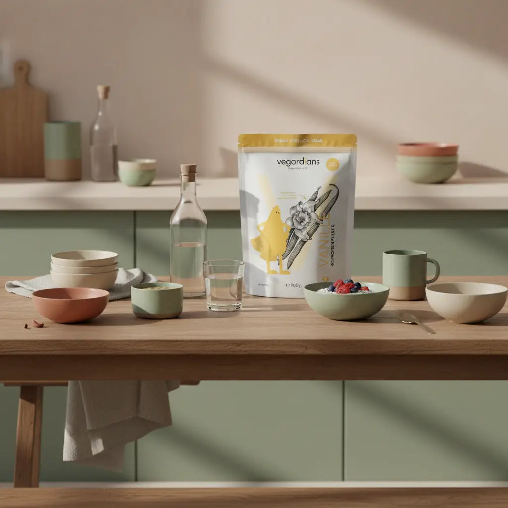 Was darf man beim 5:2 Fasten essen? Minimalistische europäische Küchenaufnahme mit Holztisch, Glas Wasser, proteinreichem Chia‑Pudding, Tasse Brühe und Keramikschalen im Morgenlicht.