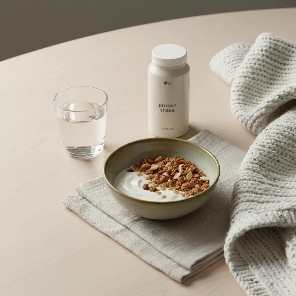 Minimalistisches Frühstück in heller europäischer Küche mit Glas Wasser, Granola, pflanzenbasiertem Joghurt, Nüssen und Shake auf nachhaltigem Tisch — Was darf man beim entgiften nicht essen