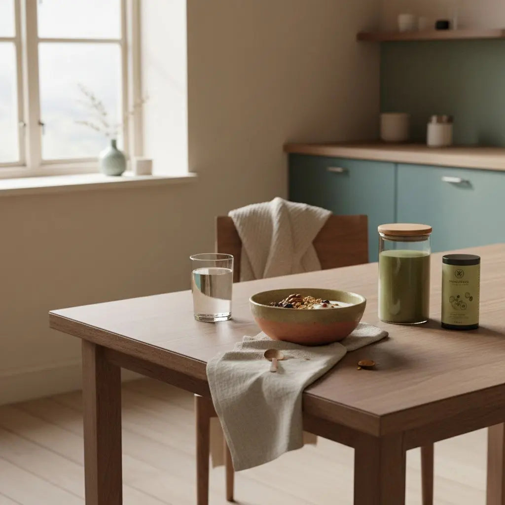 Minimalistisches Frühstück in einer europäischen Küche mit Granola, pflanzlichem Joghurt, Nüssen und Shake auf nachhaltigem Tisch – Was darf man beim Scheinfasten essen?