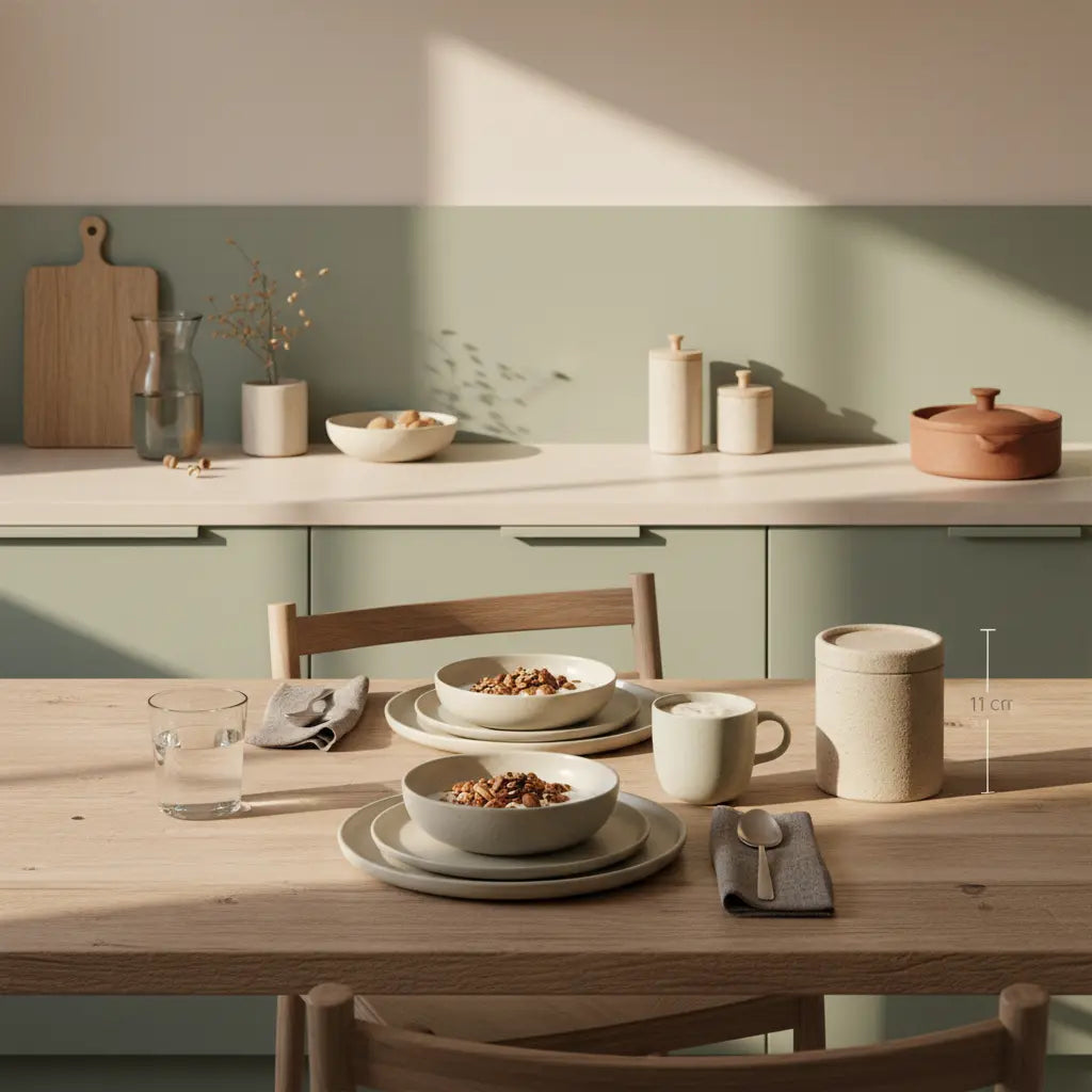 Minimalistische Frühstücksszene in europäischer Küche mit Granola, Joghurt, Nüssen, Shake und Glas Wasser auf nachhaltigem Tisch im weichen Morgenlicht. Was darf man nicht essen für ein Sixpack?