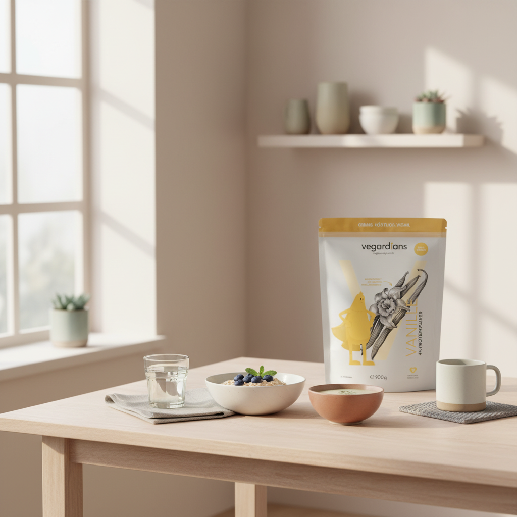 Minimalistische Morgenaufnahme einer europäischen Küchentafel mit Haferbrei, Beeren, pflanzlichem Shake und Glas Wasser in sanfter Palette – Was darf man nicht essen, wenn man am Bauch abnehmen will?