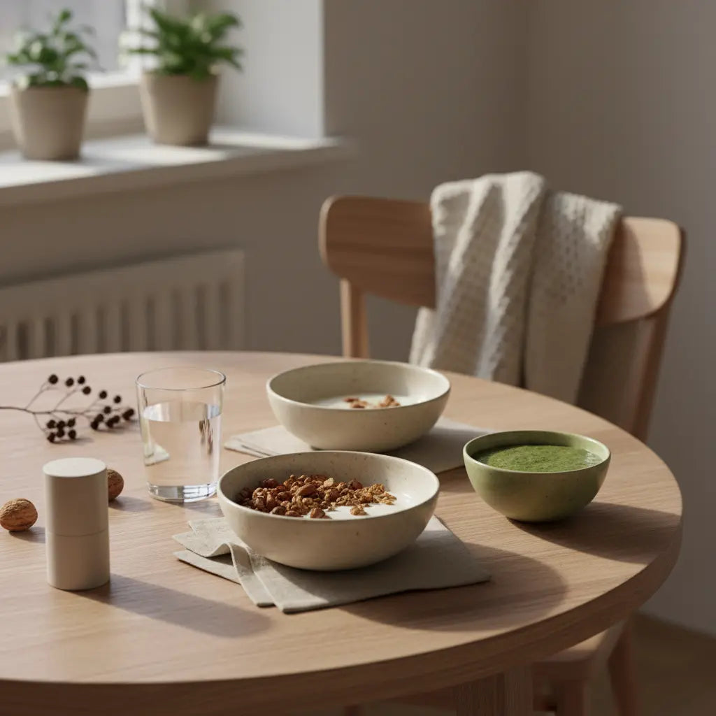 Minimalistische Morgenaufnahme: veganes Granola mit Joghurt, Nüssen und Shake auf nachhaltigem Tisch in europäischer Küche – Was darf man nicht essen, wenn man Muskeln aufbauen will?