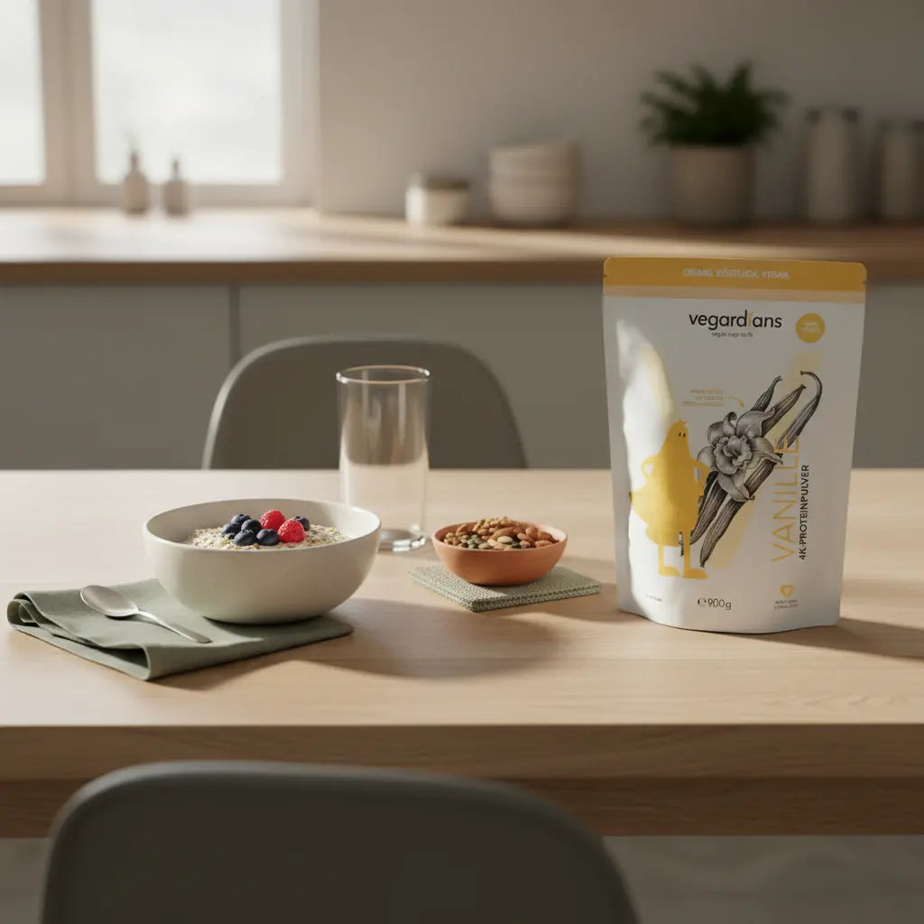 Veganes Frühstück mit Haferbrei, Nüssen, Beeren und Shake auf nachhaltigem Holztisch im Morgenlicht – Was essen bei abnehmen und Muskelaufbau?