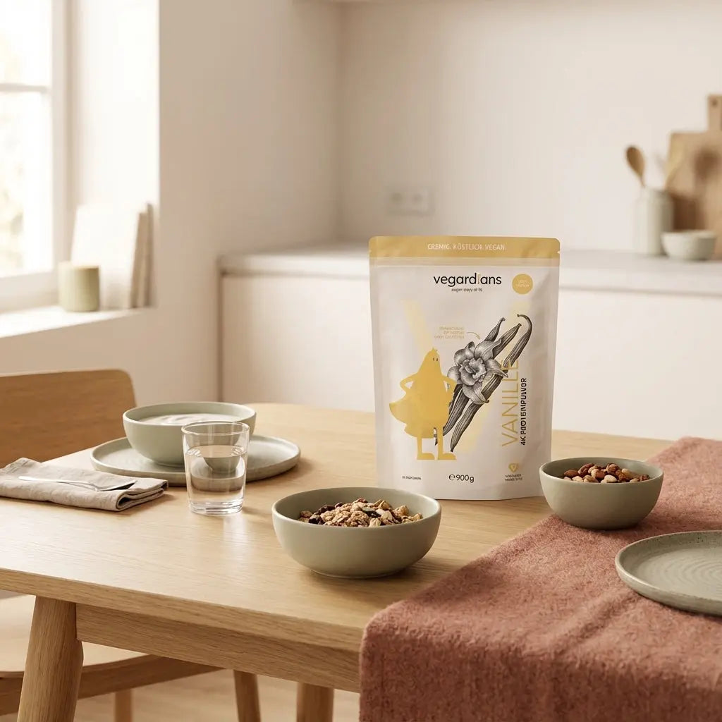 Was essen pflanzenbasierte Ärzte zum Frühstück? Veganes Müsli mit pflanzlichem Joghurt, Nüssen und Shake auf nachhaltigem Holztisch im warmen Morgenlicht.