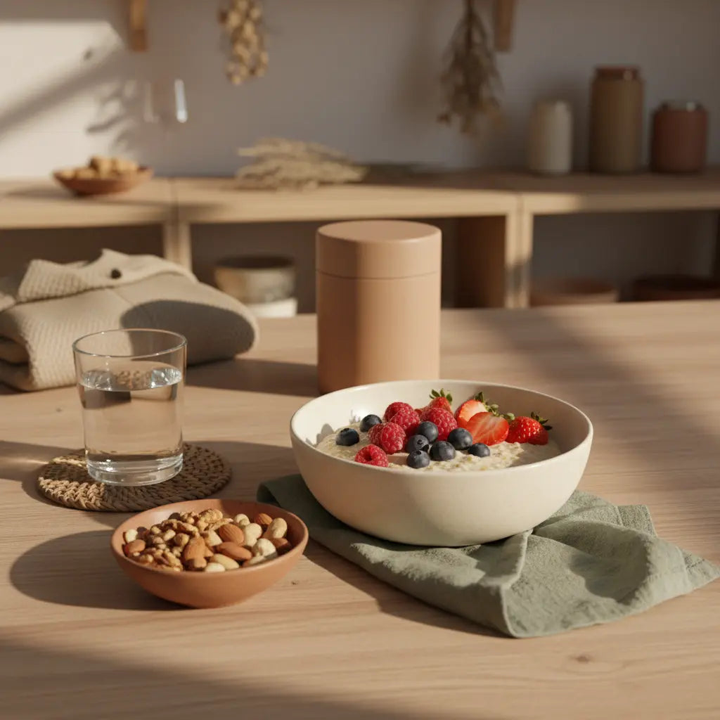 Vegane Frühstücksschale mit Haferbrei, Beeren, Nüssen und Glas Wasser auf nachhaltigem Holztisch – Was essen, um Masse aufzubauen? ruhige, minimalistische Morgenstimmung