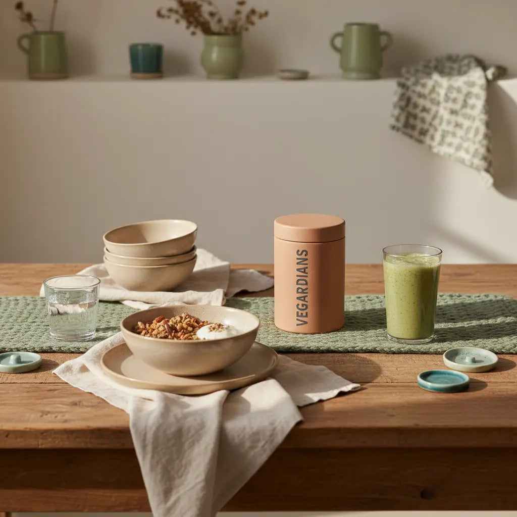 Minimalistisches veganes Frühstück mit Granola, Pflanzenjoghurt, Nüssen und proteinreichem Shake in einer europäischen Küche – Was essen zum Zunehmen und Muskeln aufbauen?