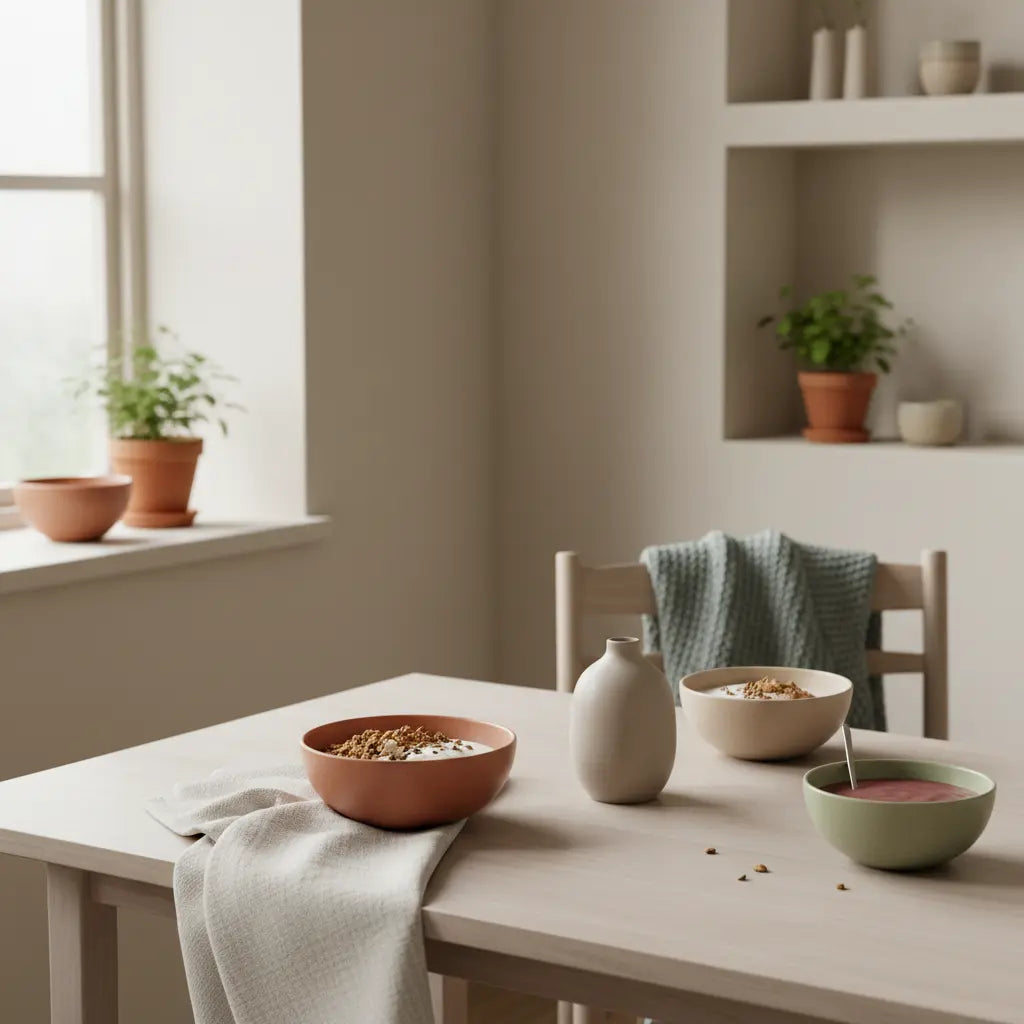 Was gehört zur Vollwertkost? Minimalistisches Frühstück mit Granola, pflanzlichem Joghurt, Nüssen und Shake in einer ruhigen, erdigen Küchenszene (Hintergrund #F7EDE6).