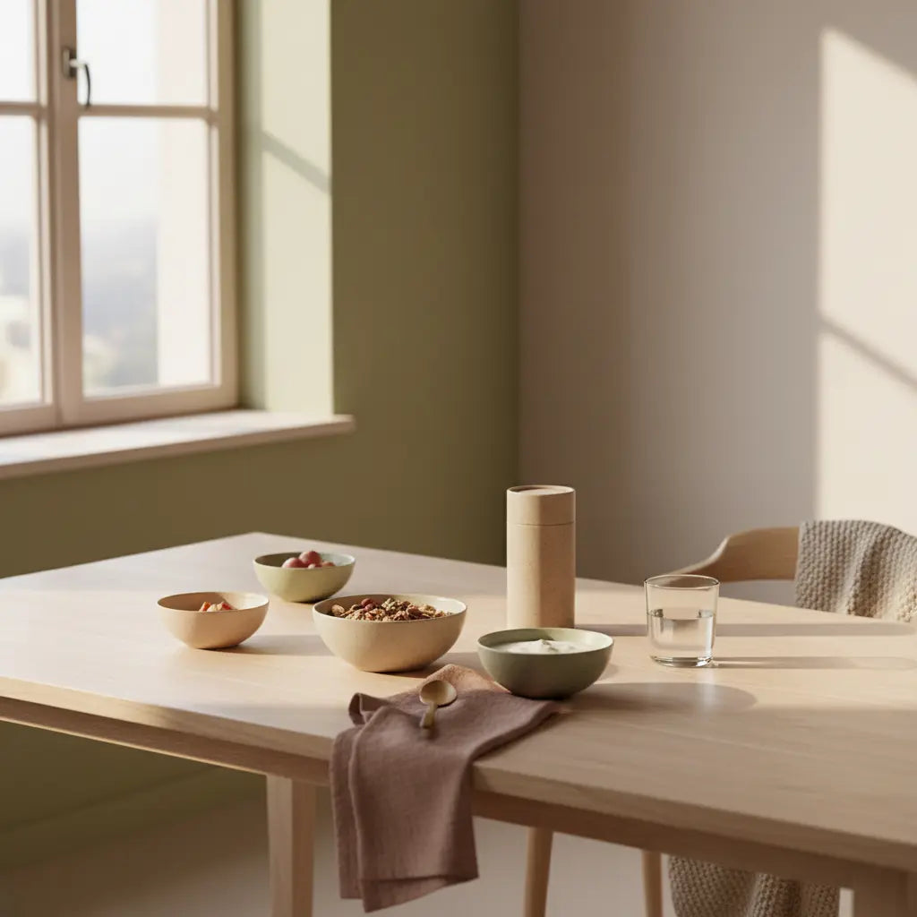 Was isst man bei der DASH-Diät? Minimalistische Morgenansicht: nachhaltiger Holztisch mit DASH-Müsli, Pflanzenjoghurt, Nüssen und Glas Wasser, Leinenserviette, erdige Salbei- und Terrakotta-Akzente.
