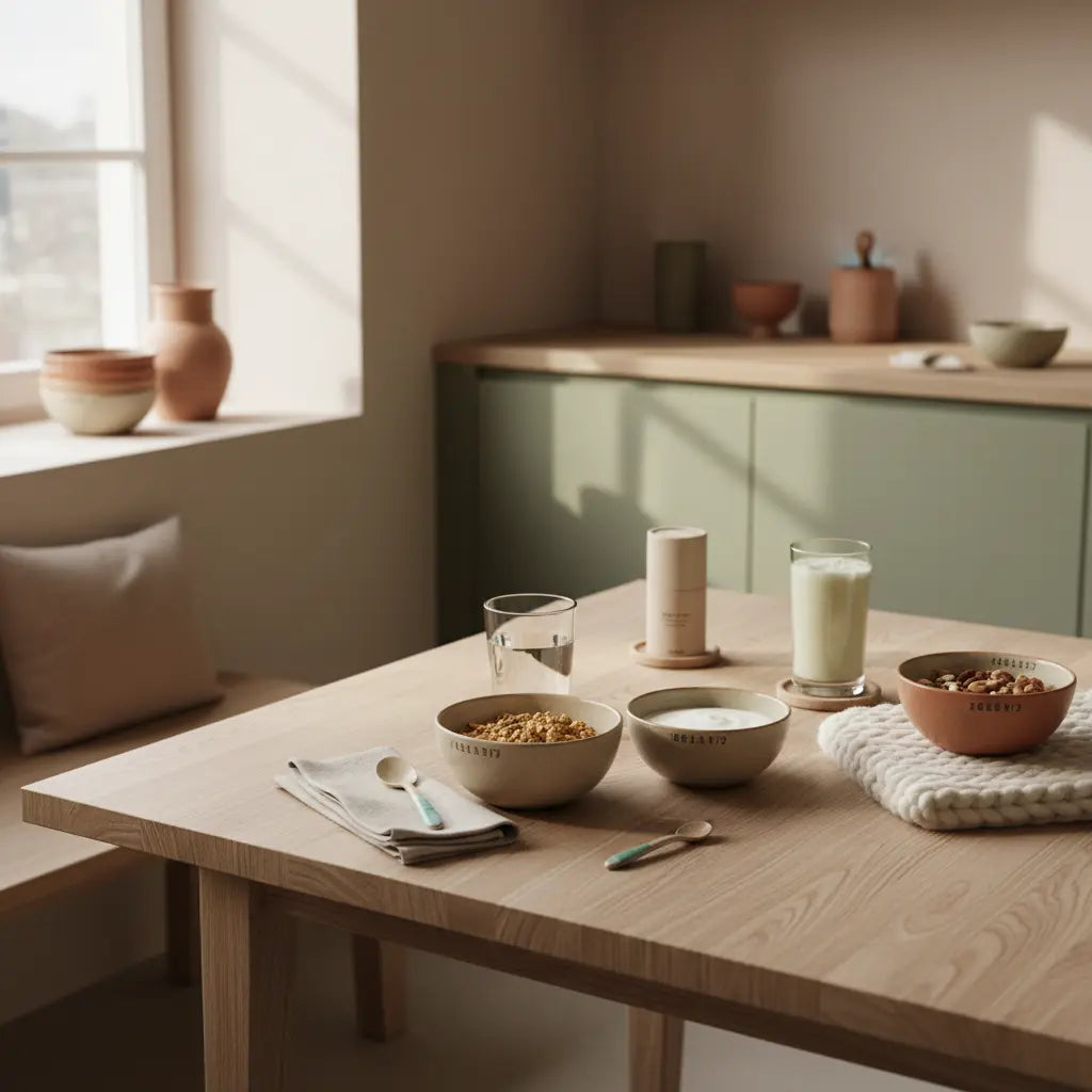 Was isst man bei Vollwertkost? Veganes Frühstück mit Granola, pflanzlichem Joghurt, Nüssen und Shake auf einem nachhaltig gedeckten Tisch in sanftem Morgenlicht.