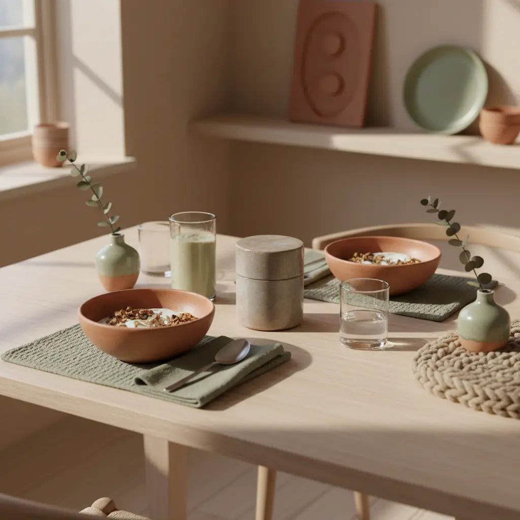 Minimalistische Frühstücksszene mit Granola, pflanzlichem Joghurt, Nüssen und Shake auf nachhaltigem Tisch mit Leinen- und Wollakzenten — Was ist das effektivste Training zuhause?