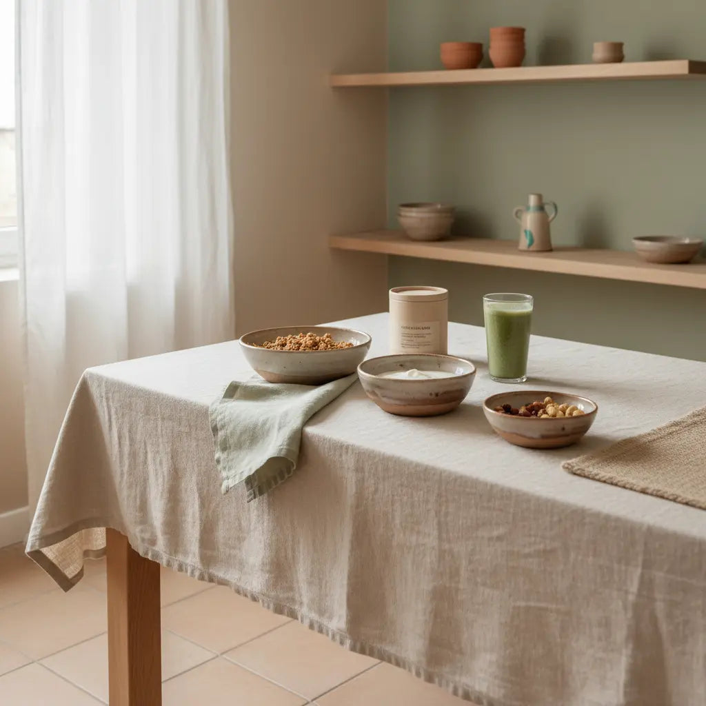 Slow‑living Frühstück mit Granola, pflanzlichem Joghurt, Nüssen und Shake in heller europäischer Küche, minimalistisch und erdig – was ist das gesündeste essen im herbst