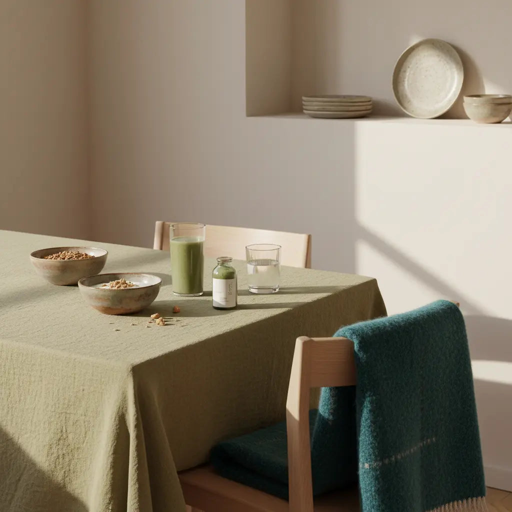 Minimalistische Morgenaufnahme eines nachhaltigen Frühstückstisches mit Granola, Joghurt, Shake und Produkt – Was ist der effektivste Trainingsplan für Muskelaufbau